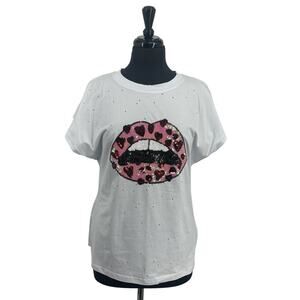 Balboa Women’s White Sequins Heart Lip Holes All Over Short Sleeve Tee T-shirt